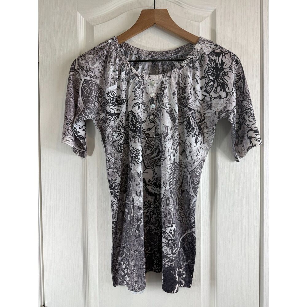 Jane Ashley Women's Sparkle Floral Print Short Sleeve Top Black White Size M